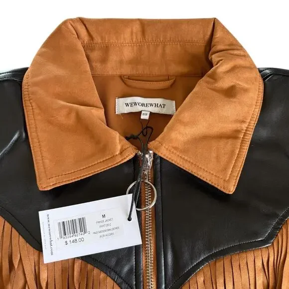 WeWoreWhat Fringe Western Faux Suede Jacket Acorn Brown and Black Medium NWT - Picture 4 of 10